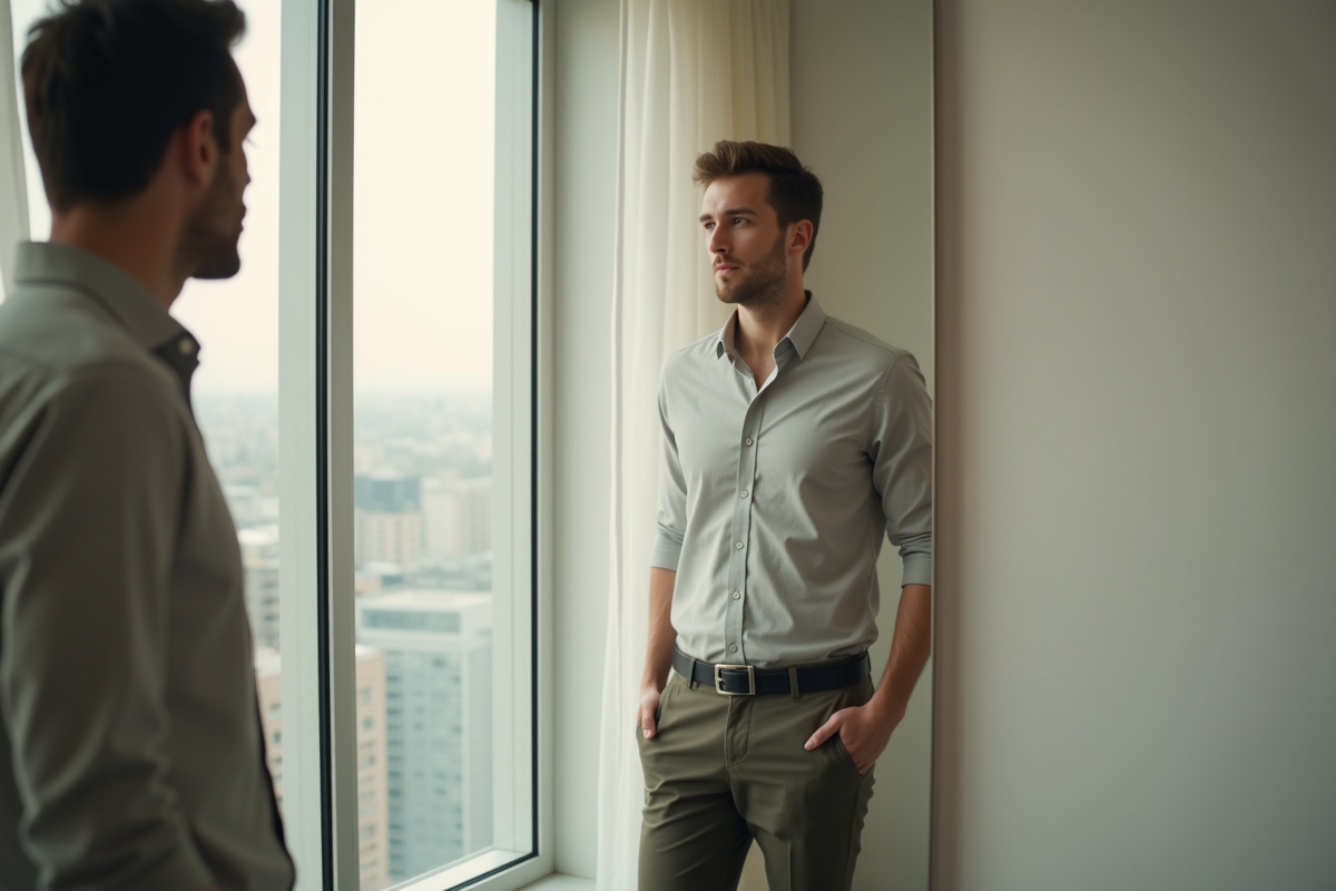 Homme regardant son reflet dans un miroir en appartement