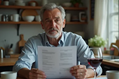 Homme d'&acirc;ge moyen tenant un verre de vin et un rapport m&eacute;dical