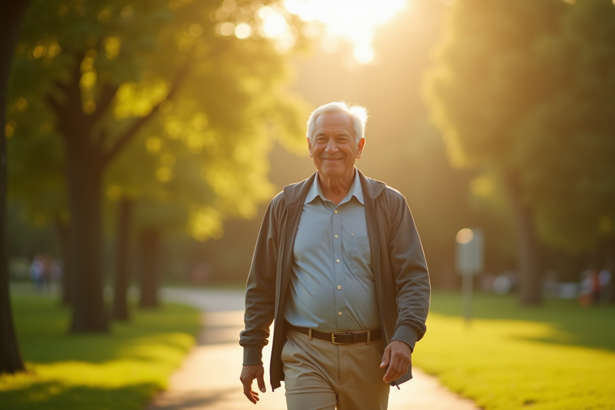 Homme senior marchant dans un parc ensoleille