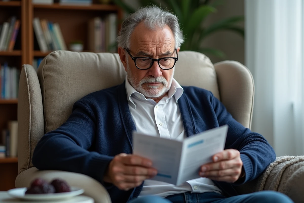 Homme senior lisant une brochure de santé sur les inconvénients des pruneaux avec une assiette de pruneaux posée à côté de lui