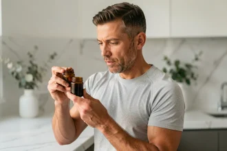 Homme tenant un pot de shilajit pur sous forme de résine noire pour la santé hormonale masculine