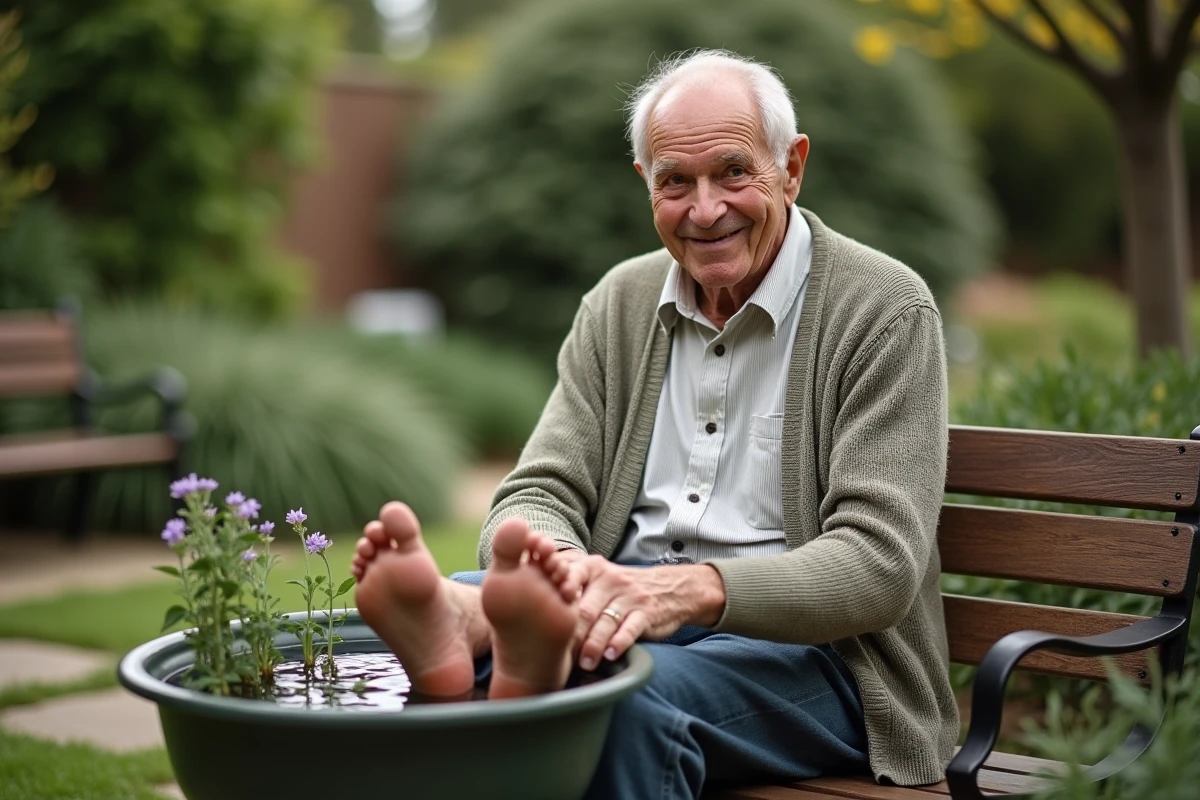 Homme &acirc;g&eacute; relaxant ses pieds dans un bassin dans le jardin