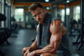 Homme fatigué mais déterminé en salle de sport