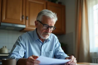 Homme de 60 ans consultant des documents médicaux sur un stent cardiaque à la table de sa cuisine