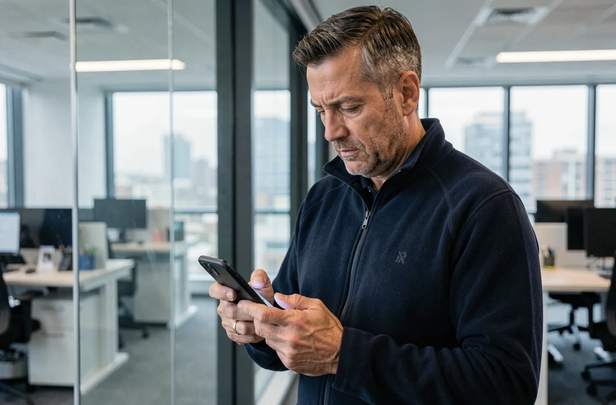 Un homme professionnel vérifie le suivi de la prise en charge d'un proche âgé sur son smartphone depuis son bureau