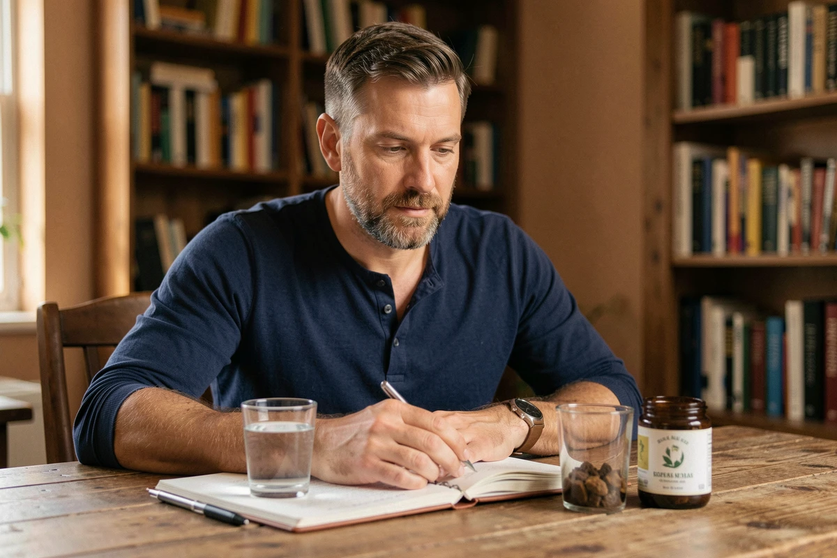Homme lisant sur la santé hormonale masculine avec du shilajit dissous dans un verre d'eau sur son bureau