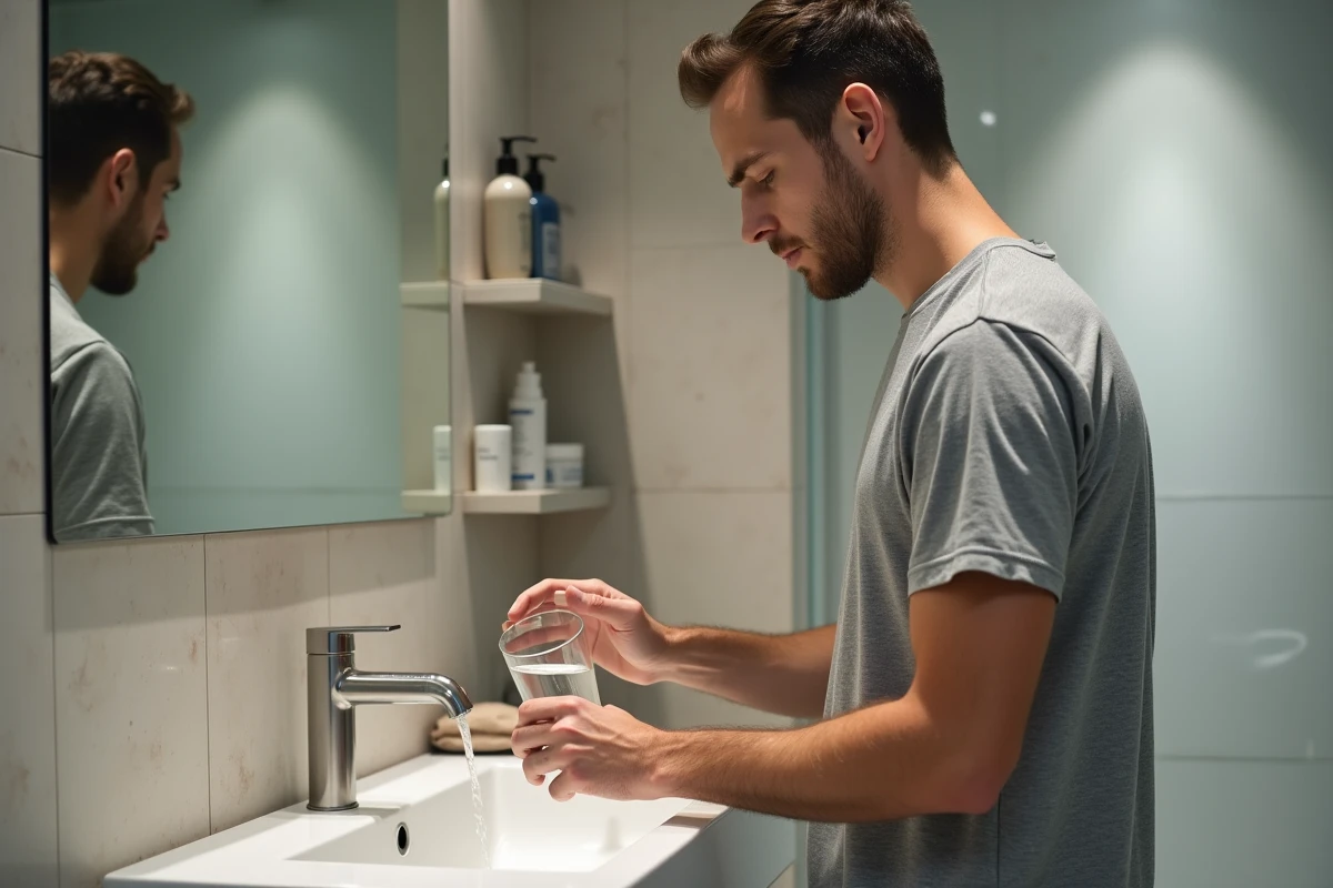 Homme remplissant un verre d'eau au lavabo dans une salle de bain pour son hydratation quotidienne