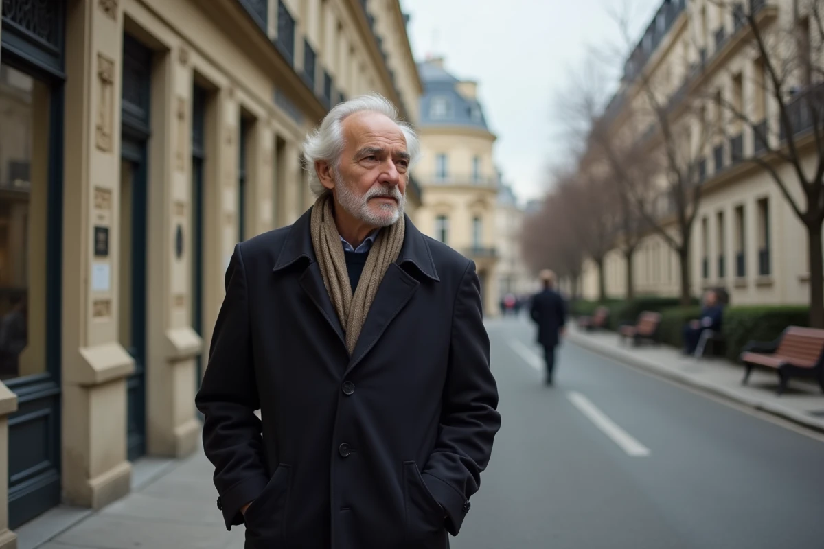 Homme âgé marchant dans une rue parisienne calme