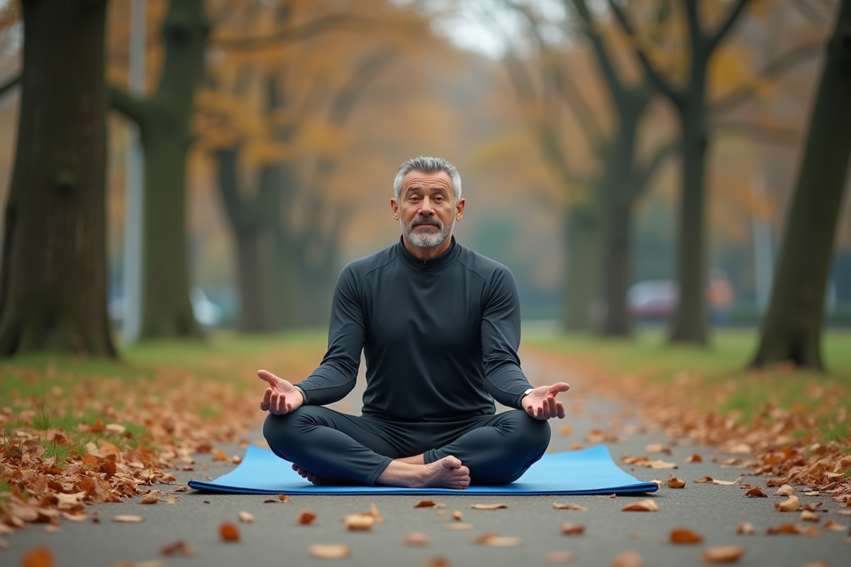Homme en yoga dans un parc urbain calme
