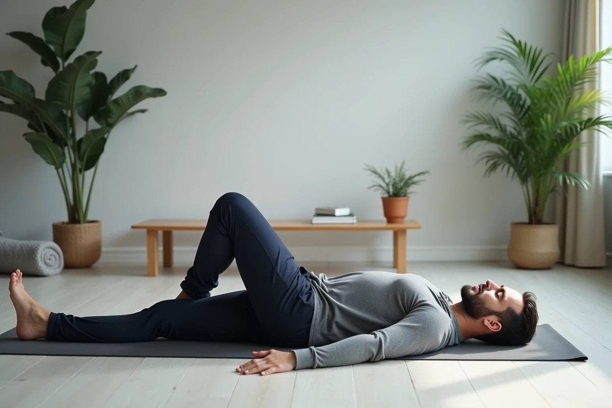 Homme pratiquant le yoga doux chez lui dans le cadre d'une routine de récupération hépatique pour faire baisser les transaminases