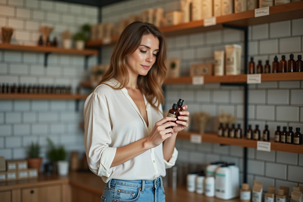 Femme examinant un flacon d'huile essentielle naturelle dans une pharmacie pour remèdes contre les démangeaisons intimes