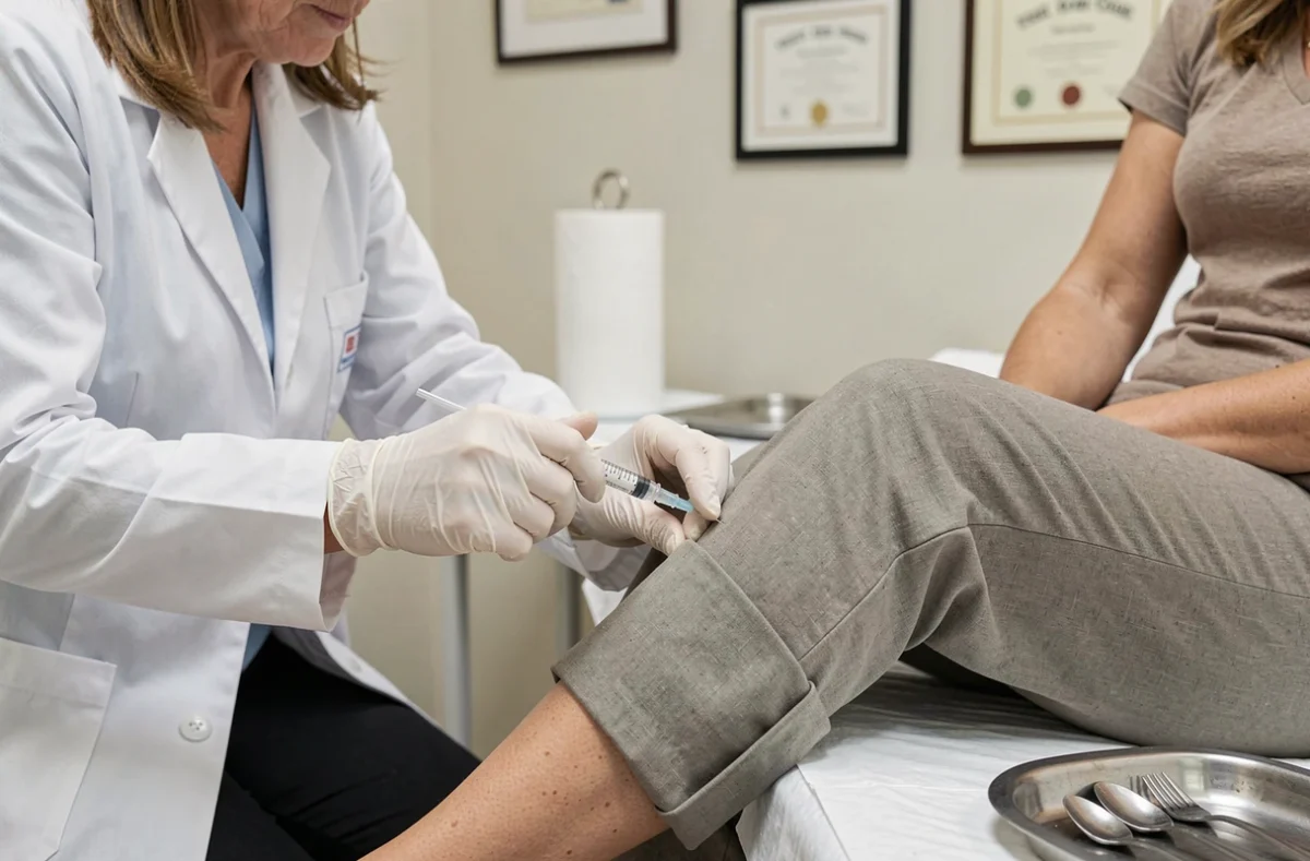 Médecin réalisant une infiltration de corticoïde au niveau de la patte d'oie du genou d'une patiente