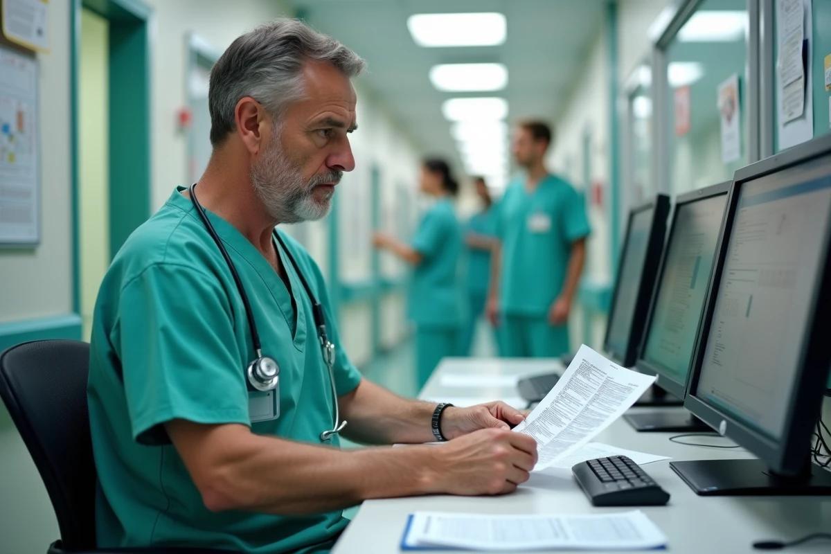 Infirmier vérifiant des dossiers médicaux dans un couloir d