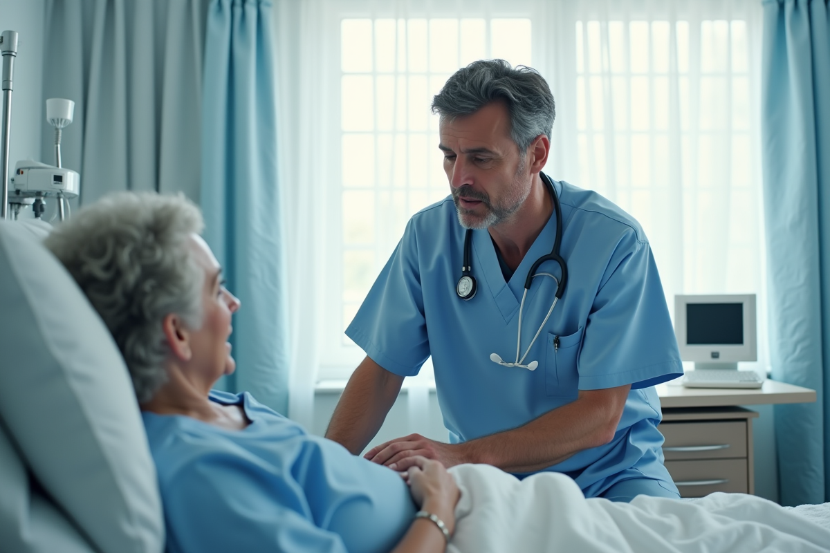 Infirmier en blouse bleue rassurant une patiente âgée