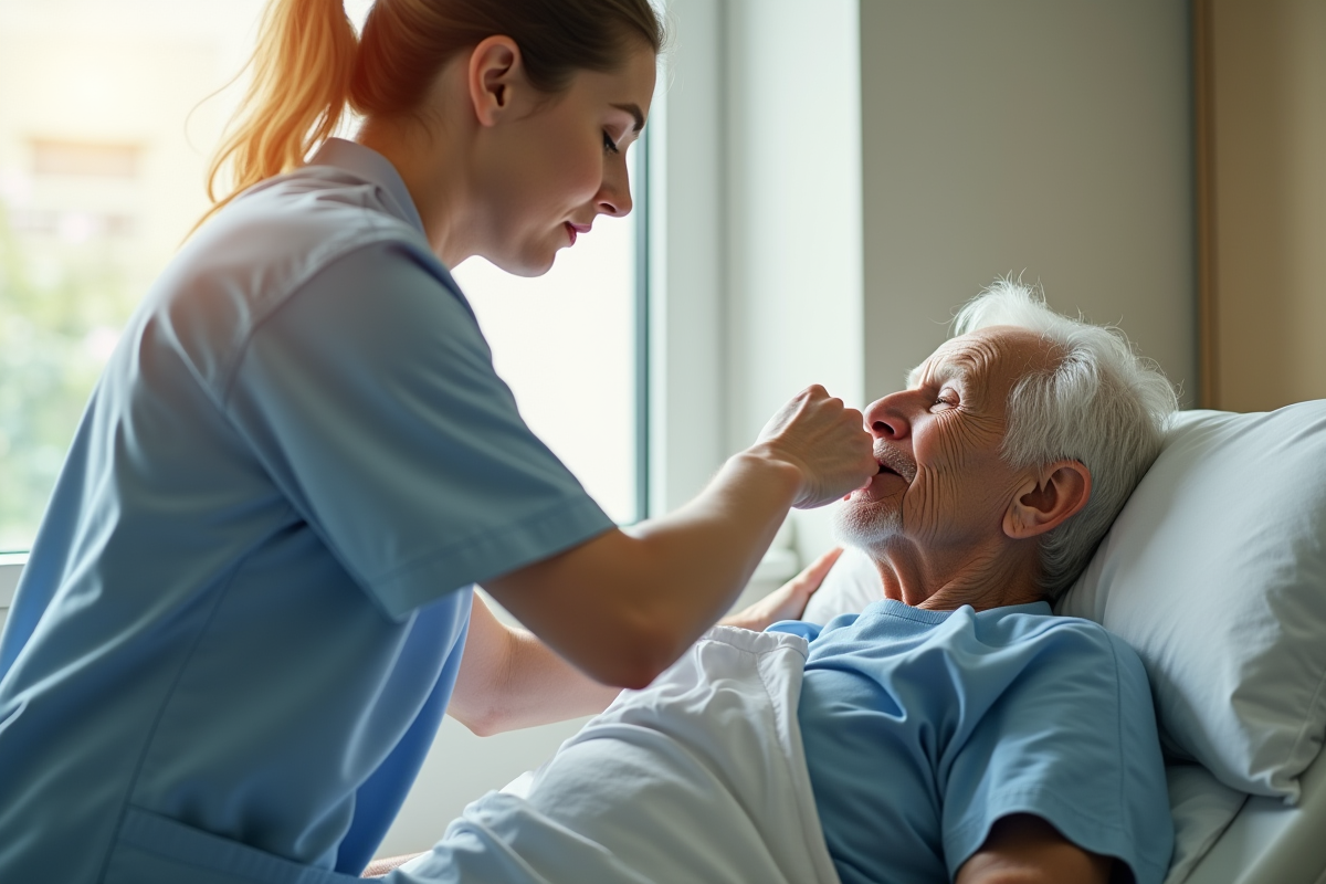 Infirmière aidant un patient âgé dans une chambre lumineuse