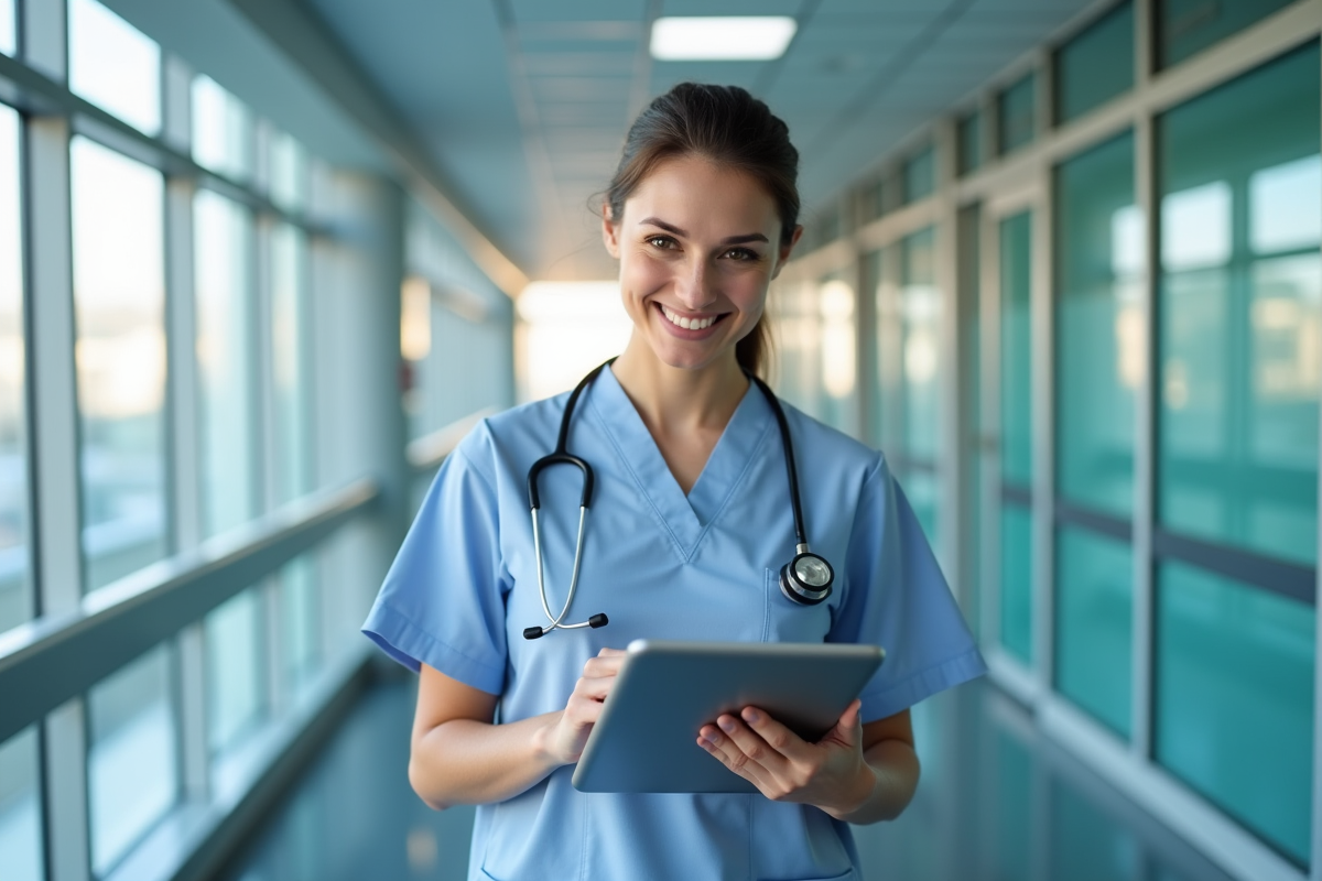 Infirmière dans un hôpital moderne consulte un dossier numérique