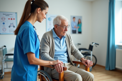 Infirmière en blouse bleue aidant un patient âgé à se lever