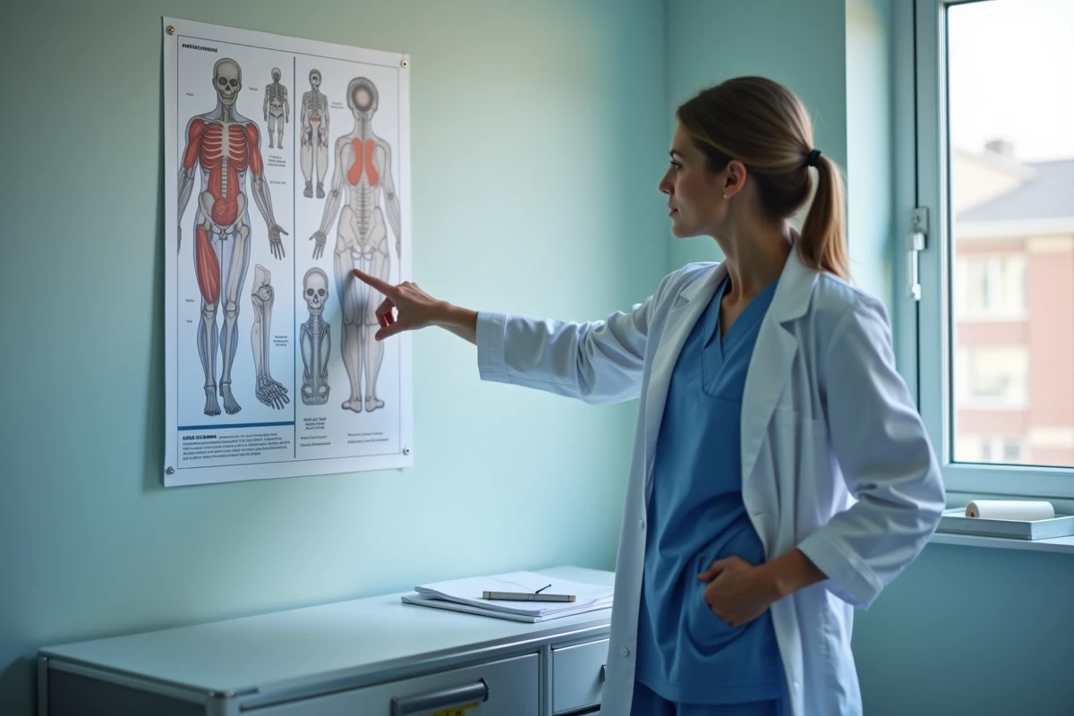 Infirmière en santé au travail expliquant le tableau 57 des maladies professionnelles dans une salle de consultation médicale