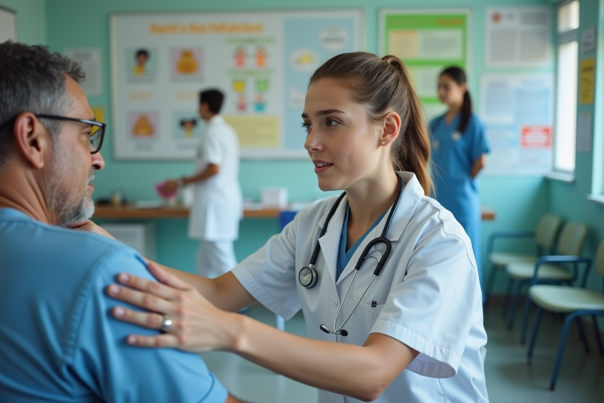 Jeune infirmière en blanc réconfortant un père inquiet