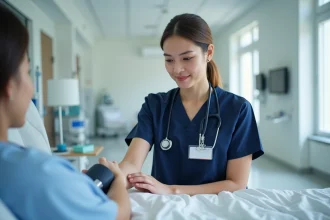 Infirmière souriante prenant le pouls d'un patient en milieu hospitalier