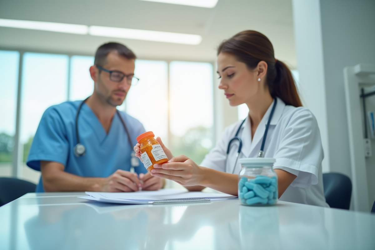 Infirmière vérifiant une prescription dans un hôpital lumineux