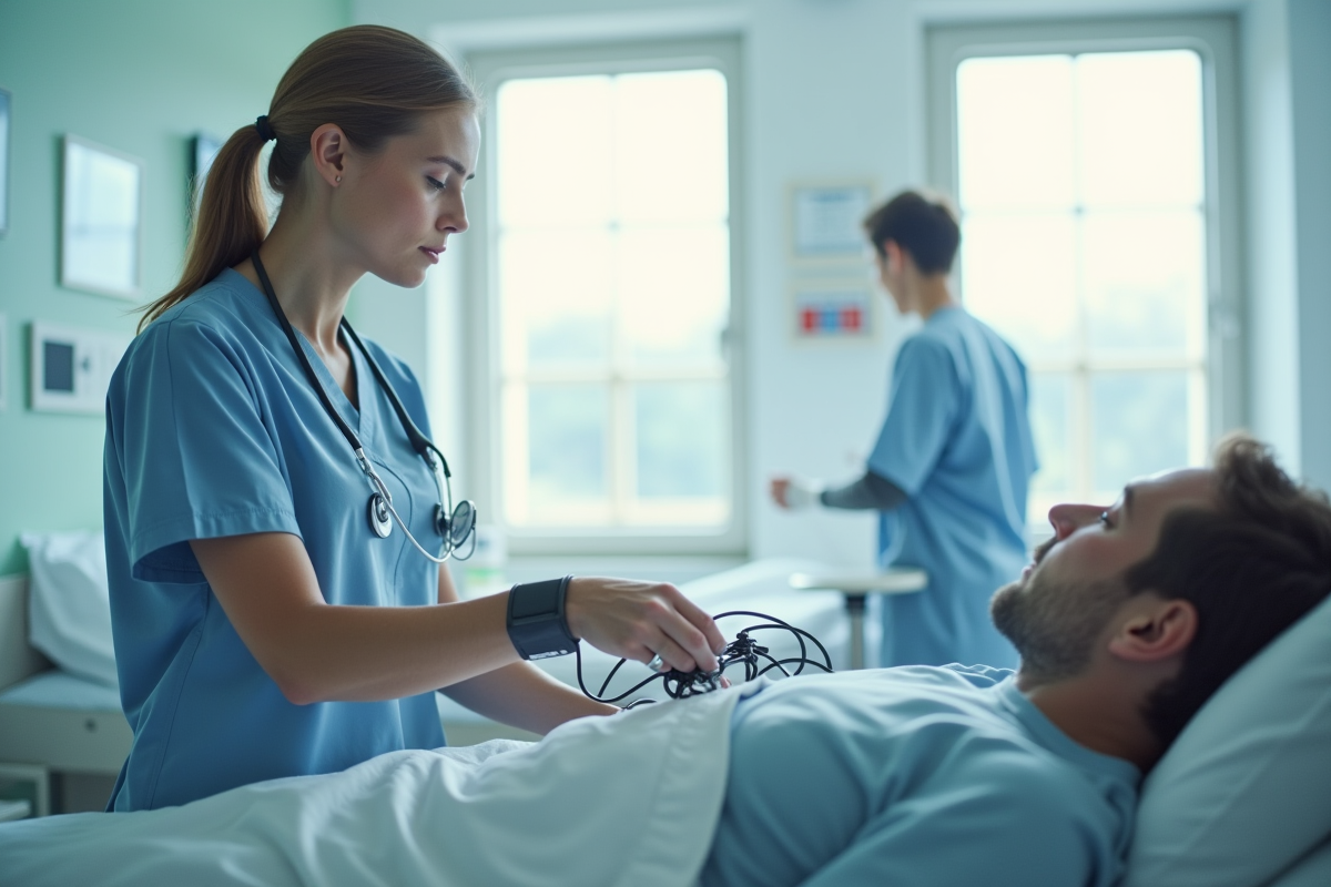 Infirmière vérifiant les signes vitaux du patient dans une salle lumineuse