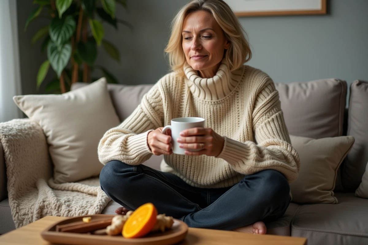 Femme buvant une infusion de gingembre et curcuma comme remède de grand-mère contre la sciatique