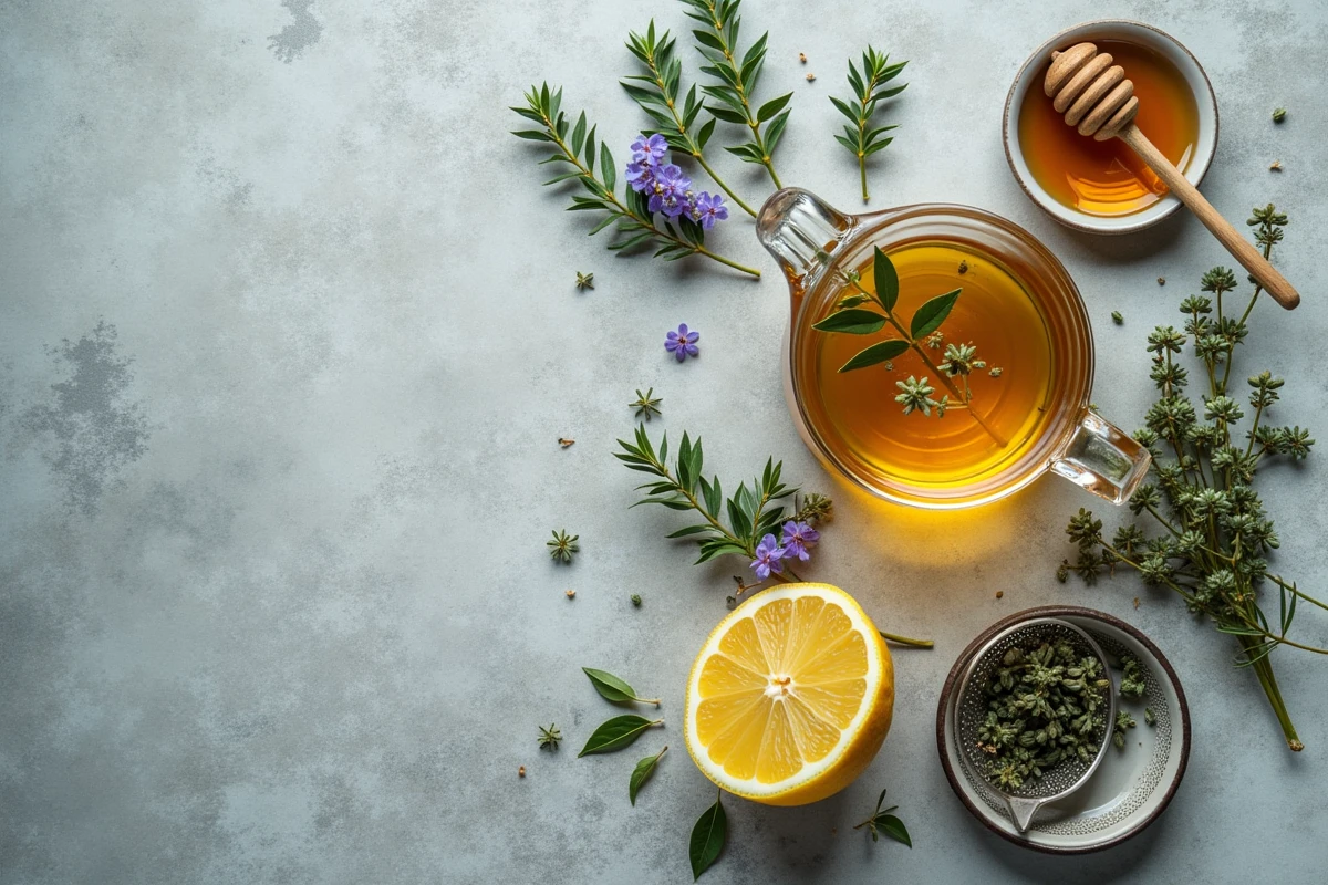 Vue de dessus d'une infusion de thym artisanale avec des herbes fraîches et du citron pour soigner le rhume