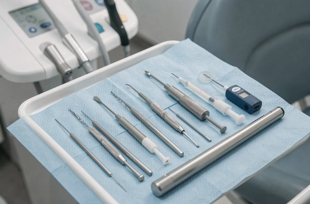 Plateau d'instruments endodontiques préparés pour une dévitalisation dentaire dans un cabinet spécialisé