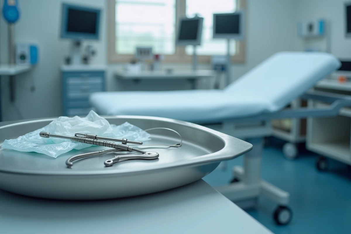 Instruments médicaux stériles utilisés pour la rupture artificielle de la poche des eaux disposés sur un plateau en salle d'accouchement