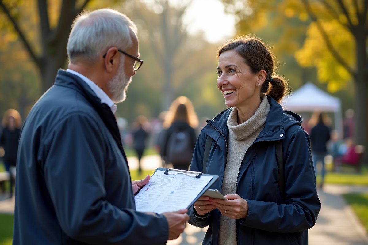 Travailleuse communautaire souriante avec senior en extérieur