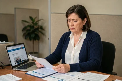 Femme en situation d'invalidité catégorie 2 consultant des documents administratifs liés à Pôle emploi et dispense de recherche d'emploi
