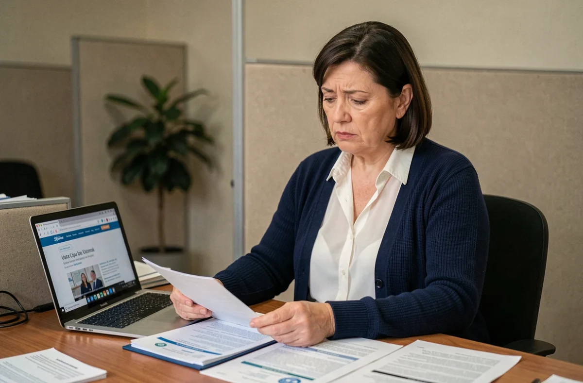 Femme en situation d'invalidité catégorie 2 consultant des documents administratifs liés à Pôle emploi et dispense de recherche d'emploi