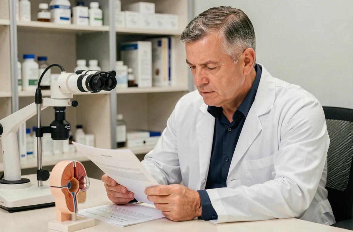 Ophtalmologue homme d'une cinquantaine d'années en consultation dans son cabinet médical en Bretagne