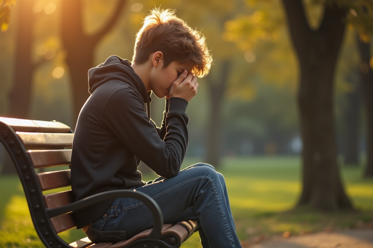 Jeune adulte seul sur un banc dans un parc en journée