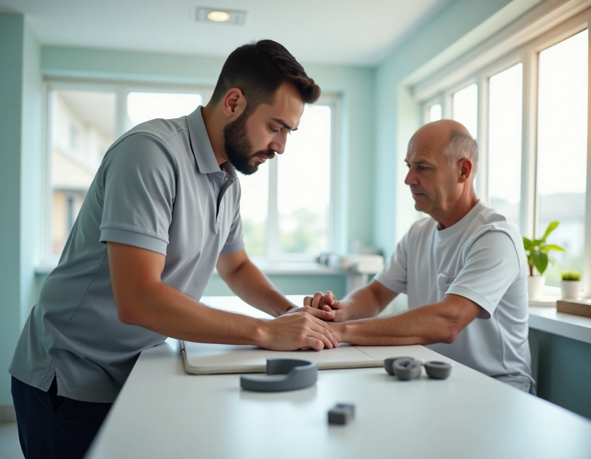 Jeune ergothérapeute homme accompagnant un patient lors d'un exercice de rééducation en milieu hospitalier