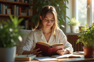 Jeune femme étudiant en anatomie dans un salon cosy