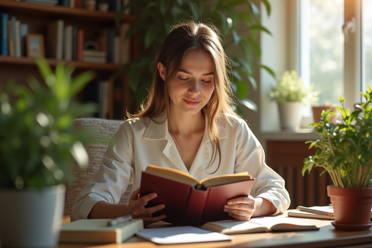 Jeune femme étudiant en anatomie dans un salon cosy