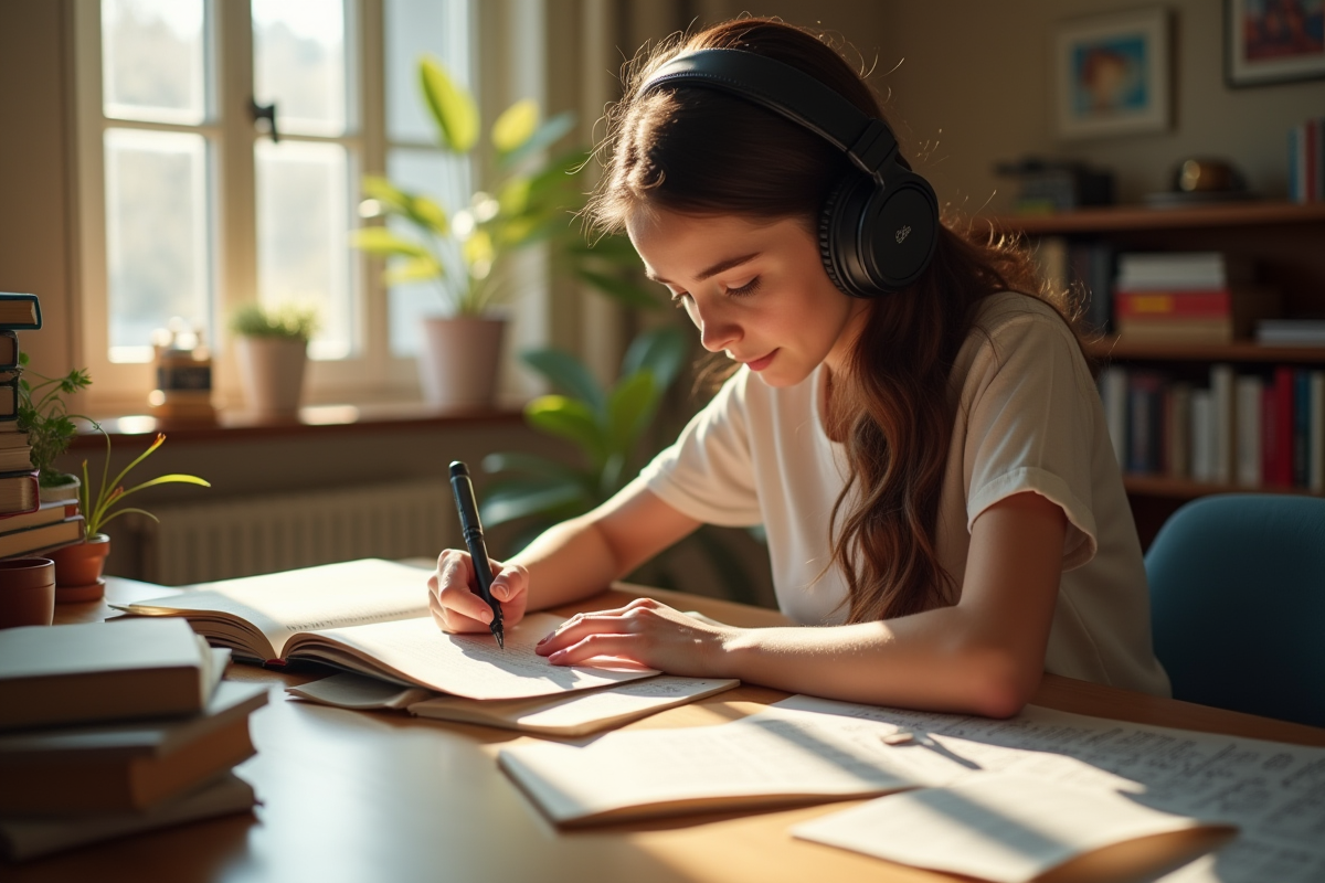 Jeune femme étudie dans un bureau lumineux avec livres et musique