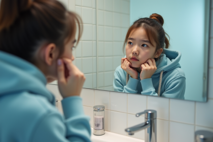 Jeune femme en hoodie examine son visage dans un miroir