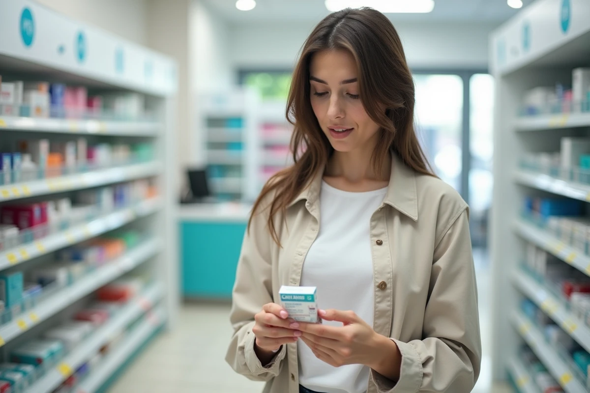 Jeune femme en pharmacie cherchant un traitement pour une douleur récurrente au palais