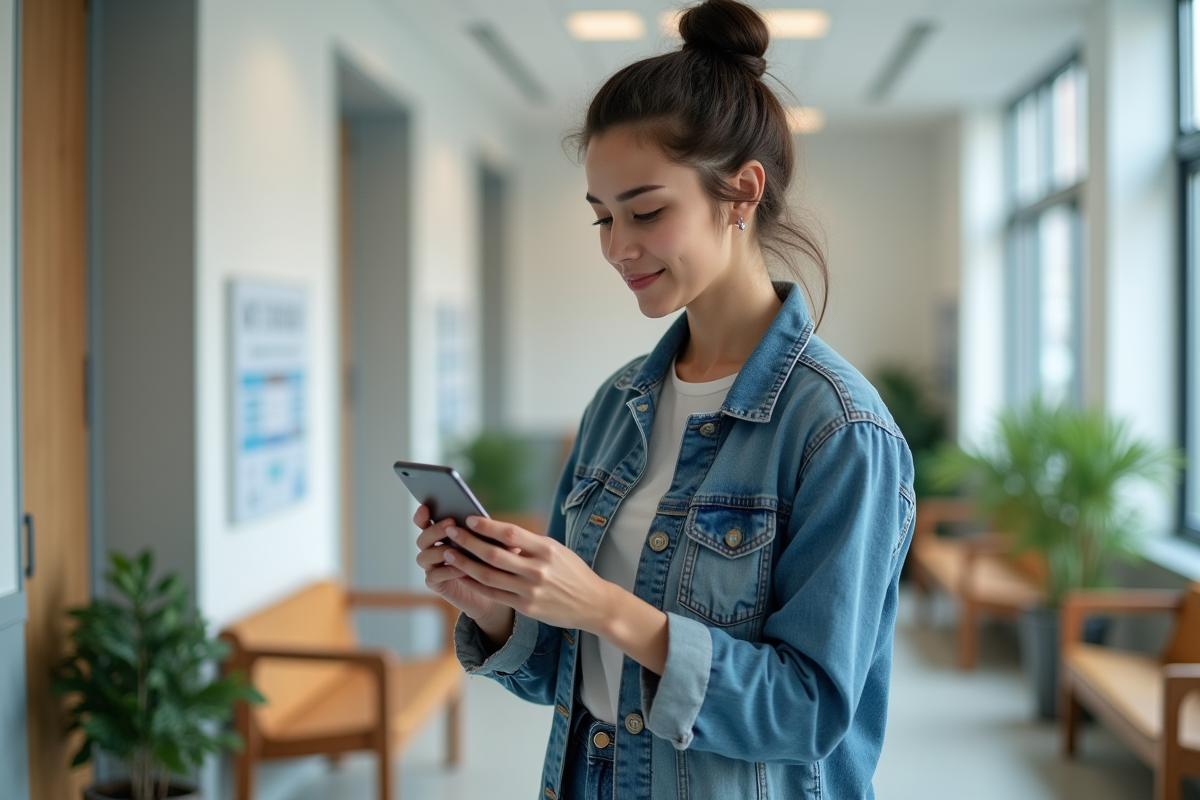 Jeune femme vérifiant ses papiers dans une salle d
