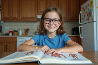 Jeune fille souriante regarde un livre d'anatomie dans la cuisine