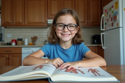 Jeune fille souriante regarde un livre d'anatomie dans la cuisine