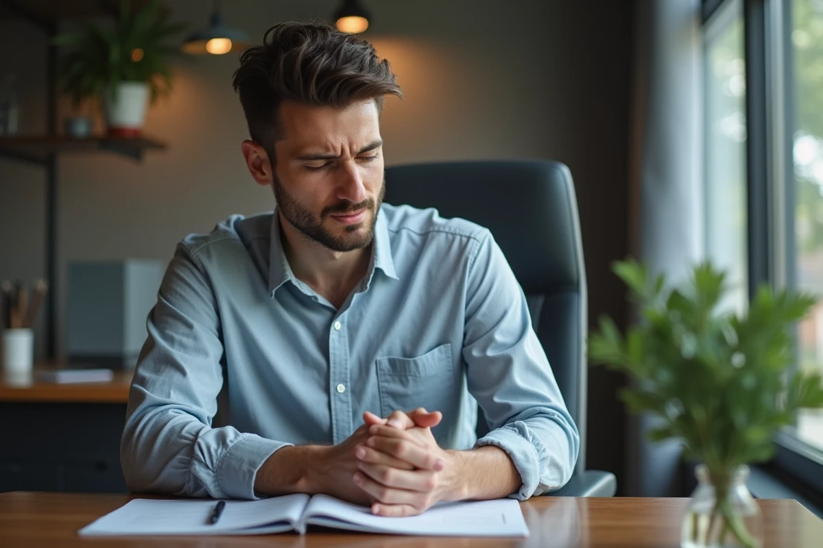 Jeune homme se tenant le poignet dans un espace de travail moderne