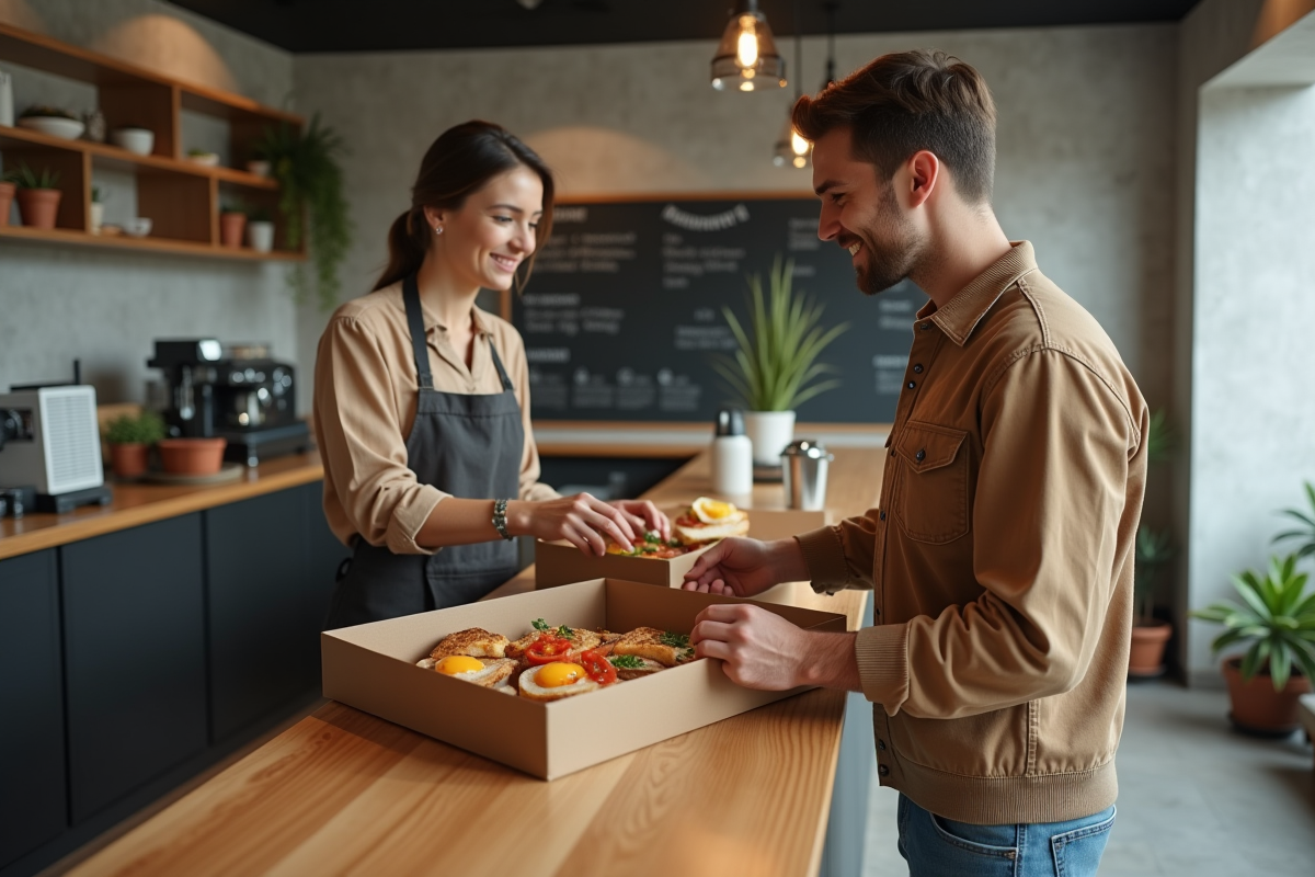 Jeune homme commandant un repas à emporter dans un café moderne