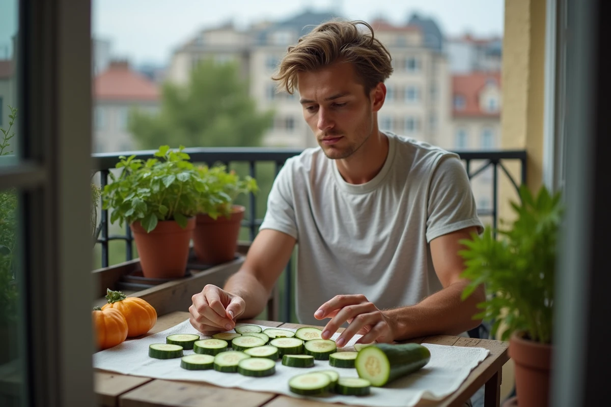 Jeune homme examinant des courgettes s&eacute;ch&eacute;es sur un balcon