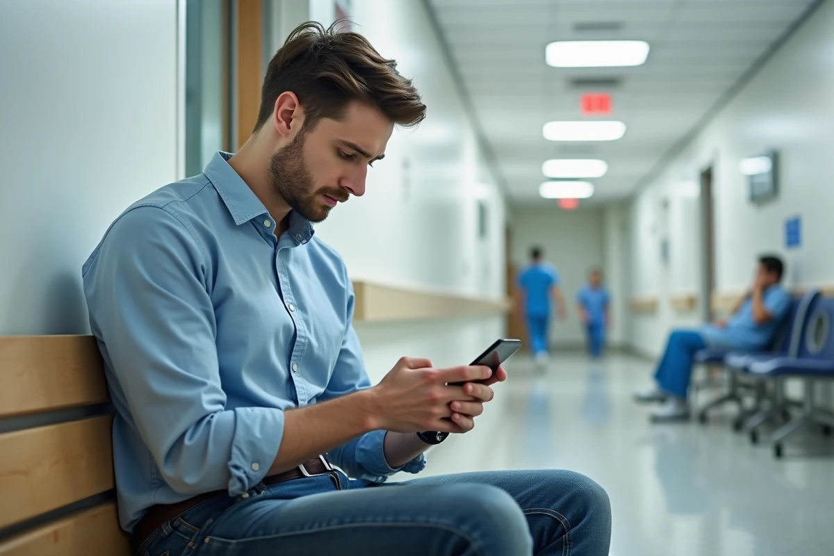 Jeune homme sur un banc dans un couloir d