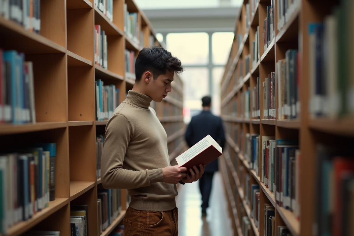 Jeune homme lisant un livre dans une bibliothèque lumineuse