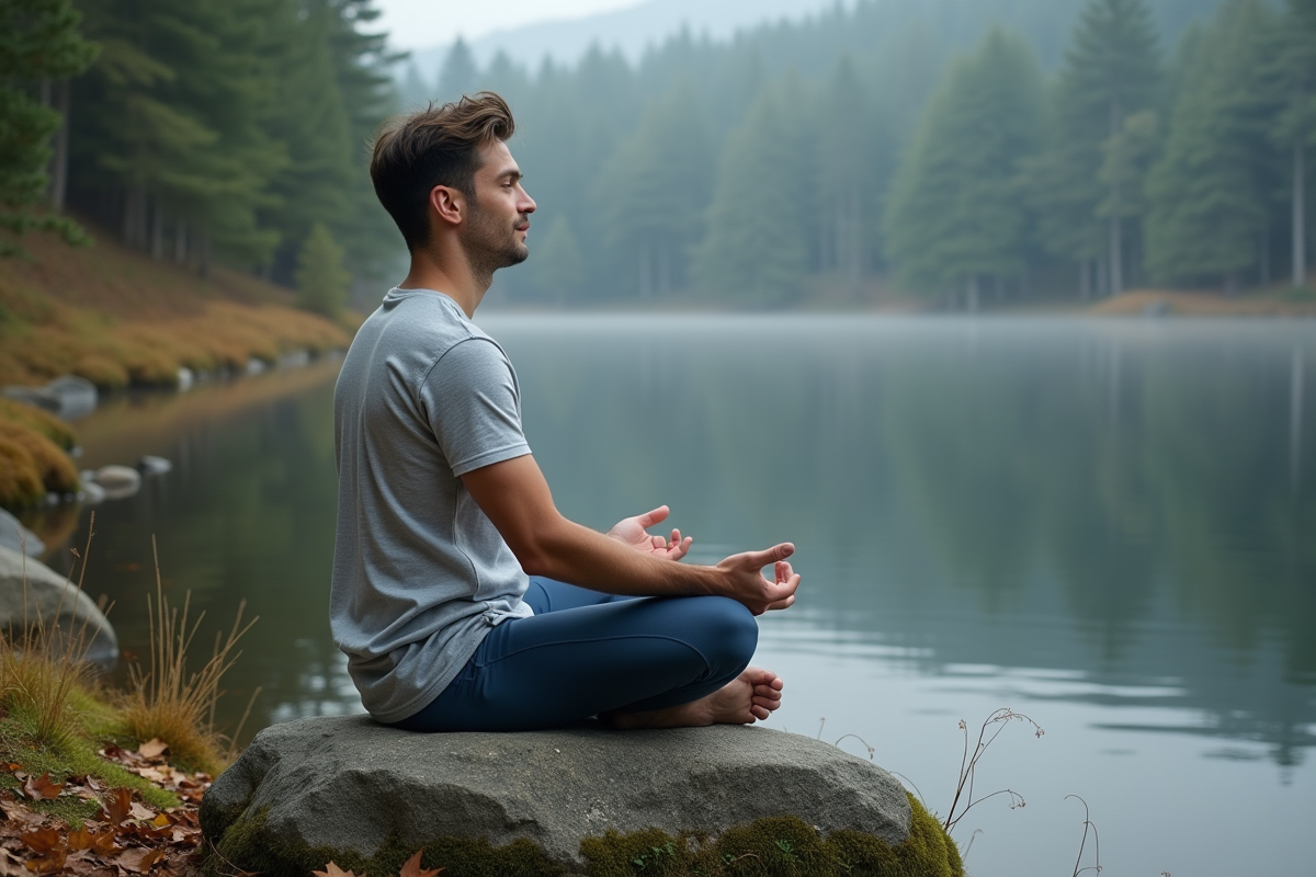 Jeune homme méditant au bord d’un lac en forêt